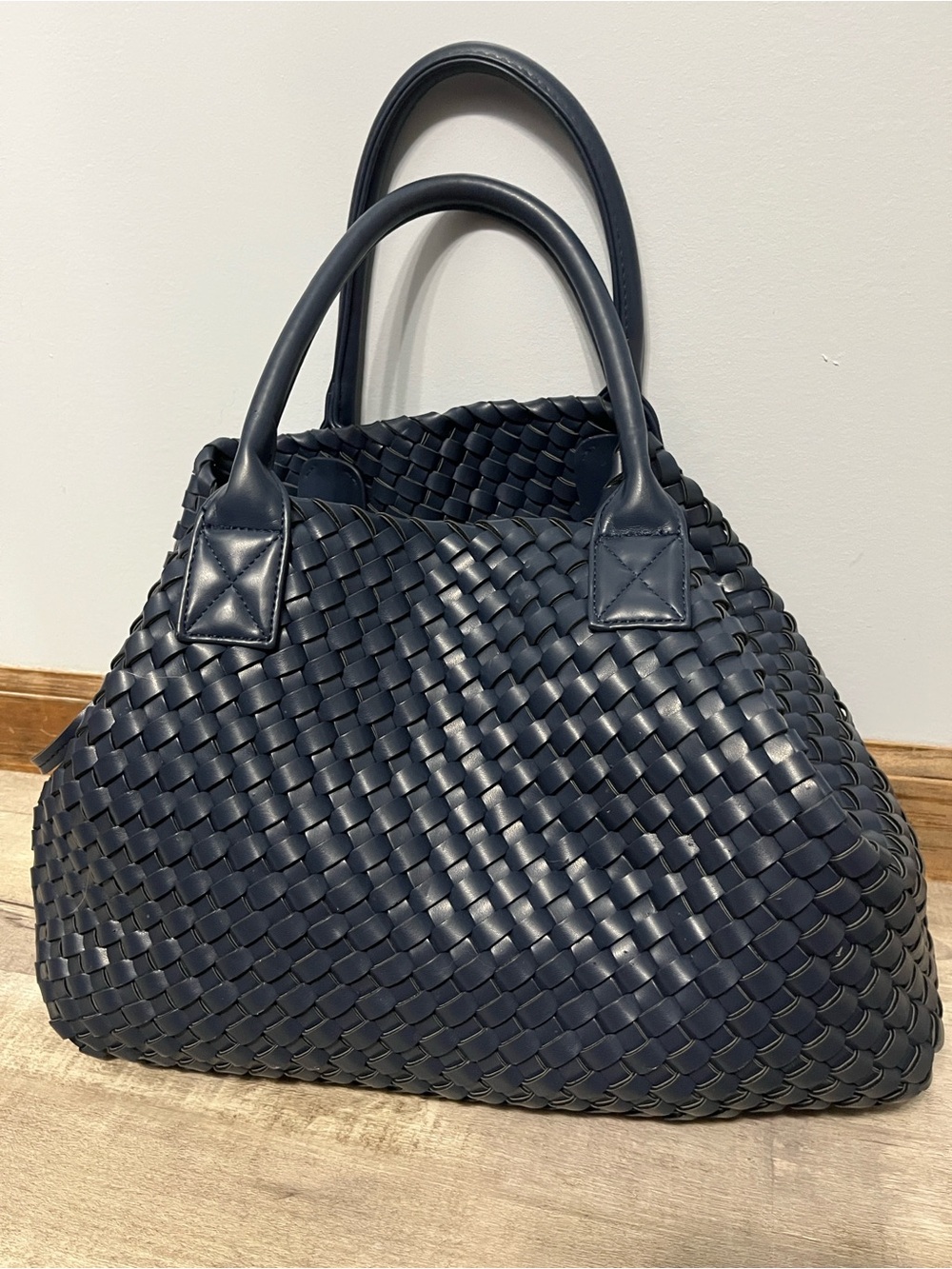 Woven Leather Tote Bag in Navy